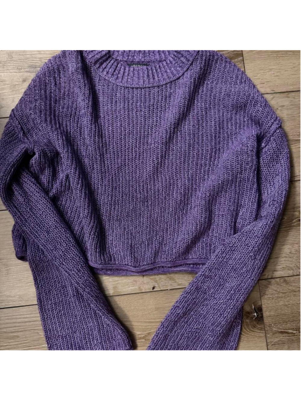 Purple marled cropped knit sweater with oversized bell sleeves and a relaxed box